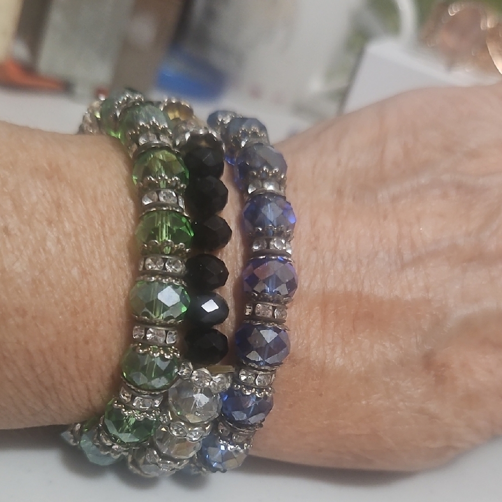 Elegant Multicolor Beaded Bracelet Set Stretchy Black Blue Green